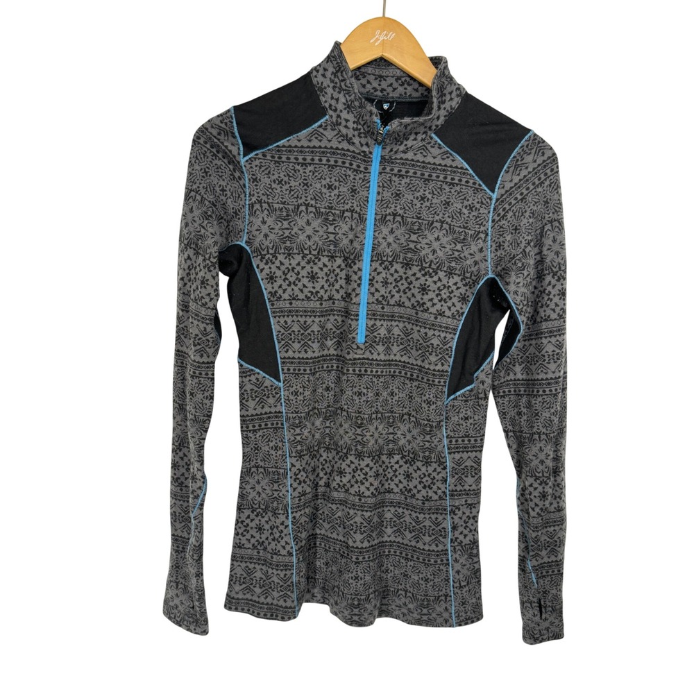 Kuhl Merino Wool 1/4 Zip Base Layer Grey Fair Isle Nordic Top Womens Size M